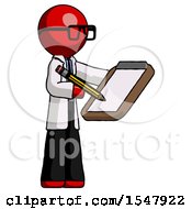 Red Doctor Scientist Man Using Clipboard And Pencil