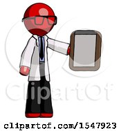 Red Doctor Scientist Man Showing Clipboard To Viewer