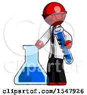 Poster, Art Print Of Red Doctor Scientist Man Holding Test Tube Beside Beaker Or Flask