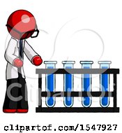 Red Doctor Scientist Man Using Test Tubes Or Vials On Rack