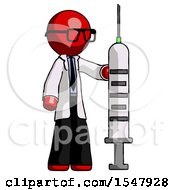 Red Doctor Scientist Man Holding Large Syringe