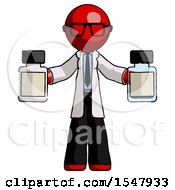 Red Doctor Scientist Man Holding Two Medicine Bottles
