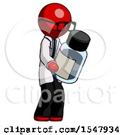 Red Doctor Scientist Man Holding Glass Medicine Bottle
