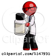 Red Doctor Scientist Man Holding White Medicine Bottle