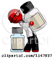 Red Doctor Scientist Man Holding Large White Medicine Bottle With Bottle In Background