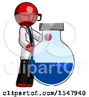 Red Doctor Scientist Man Standing Beside Large Round Flask Or Beaker