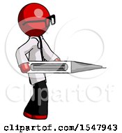 Poster, Art Print Of Red Doctor Scientist Man Walking With Large Thermometer