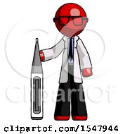 Poster, Art Print Of Red Doctor Scientist Man Standing With Large Thermometer