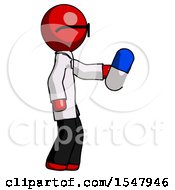 Red Doctor Scientist Man Holding Blue Pill Walking To Right