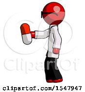 Poster, Art Print Of Red Doctor Scientist Man Holding Red Pill Walking To Left