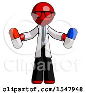 Red Doctor Scientist Man Holding A Red Pill And Blue Pill
