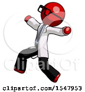 Poster, Art Print Of Red Doctor Scientist Man Running Away In Hysterical Panic Direction Left