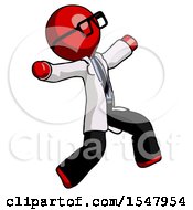 Poster, Art Print Of Red Doctor Scientist Man Running Away In Hysterical Panic Direction Right