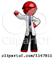Red Doctor Scientist Man Waving Right Arm With Hand On Hip