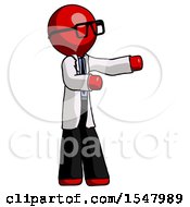 Red Doctor Scientist Man Presenting Something To His Left