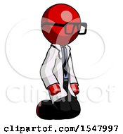 Red Doctor Scientist Man Kneeling Angle View Right