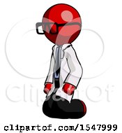 Red Doctor Scientist Man Kneeling Angle View Left