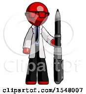Red Doctor Scientist Man Holding Large Pen