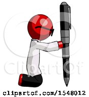 Red Doctor Scientist Man Posing With Giant Pen In Powerful Yet Awkward Manner