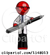 Red Doctor Scientist Man Posing Confidently With Giant Pen