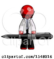 Poster, Art Print Of Red Doctor Scientist Man Weightlifting A Giant Pen