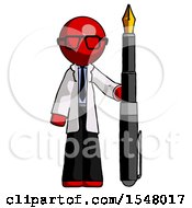 Poster, Art Print Of Red Doctor Scientist Man Holding Giant Calligraphy Pen