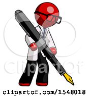 Red Doctor Scientist Man Drawing Or Writing With Large Calligraphy Pen