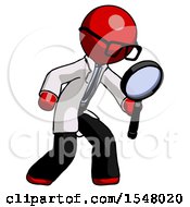 Poster, Art Print Of Red Doctor Scientist Man Inspecting With Large Magnifying Glass Right