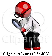 Poster, Art Print Of Red Doctor Scientist Man Inspecting With Large Magnifying Glass Left