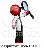 Poster, Art Print Of Red Doctor Scientist Man Inspecting With Large Magnifying Glass Facing Up