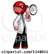 Poster, Art Print Of Red Doctor Scientist Man Shouting Into Megaphone Bullhorn Facing Right