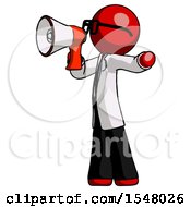Poster, Art Print Of Red Doctor Scientist Man Shouting Into Megaphone Bullhorn Facing Left