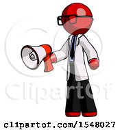 Poster, Art Print Of Red Doctor Scientist Man Holding Megaphone Bullhorn Facing Right