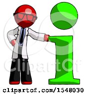 Poster, Art Print Of Red Doctor Scientist Man With Info Symbol Leaning Up Against It