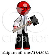 Poster, Art Print Of Red Doctor Scientist Man With Sledgehammer Standing Ready To Work Or Defend