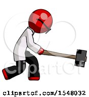 Poster, Art Print Of Red Doctor Scientist Man Hitting With Sledgehammer Or Smashing Something