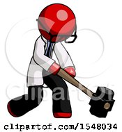 Poster, Art Print Of Red Doctor Scientist Man Hitting With Sledgehammer Or Smashing Something At Angle