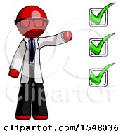 Poster, Art Print Of Red Doctor Scientist Man Standing By List Of Checkmarks