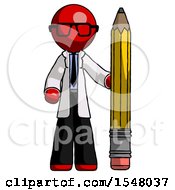 Red Doctor Scientist Man With Large Pencil Standing Ready To Write