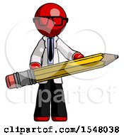 Poster, Art Print Of Red Doctor Scientist Man Writer Or Blogger Holding Large Pencil