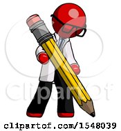 Poster, Art Print Of Red Doctor Scientist Man Writing With Large Pencil