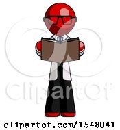 Poster, Art Print Of Red Doctor Scientist Man Reading Book While Standing Up Facing Viewer