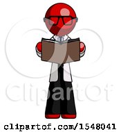 Red Doctor Scientist Man Reading Book While Standing Up Facing Viewer
