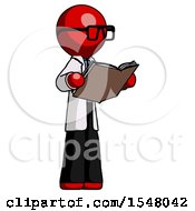 Red Doctor Scientist Man Reading Book While Standing Up Facing Away