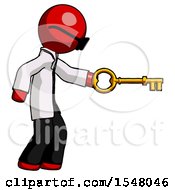 Red Doctor Scientist Man With Big Key Of Gold Opening Something