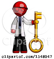 Red Doctor Scientist Man Holding Key Made Of Gold