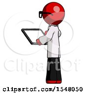 Poster, Art Print Of Red Doctor Scientist Man Looking At Tablet Device Computer With Back To Viewer