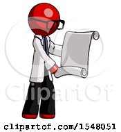Poster, Art Print Of Red Doctor Scientist Man Holding Blueprints Or Scroll