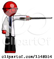 Red Doctor Scientist Man Standing With Ninja Sword Katana Pointing Right