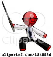 Red Doctor Scientist Man With Ninja Sword Katana In Defense Pose